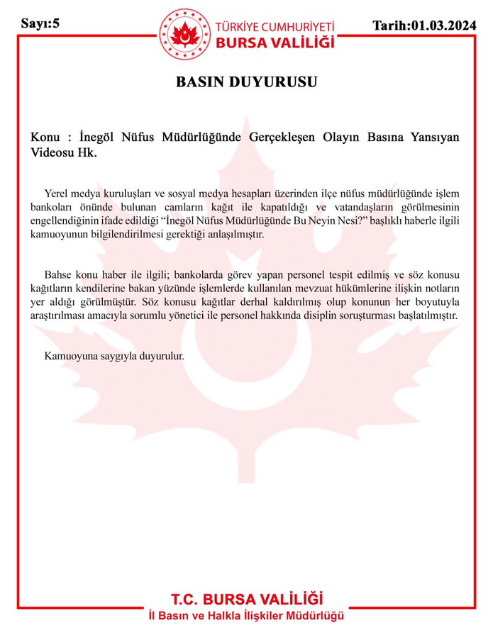 Bursa İnegöl Nüfus Müdürlüğündeki görüntülere ilişkin Valilikten açıklaması