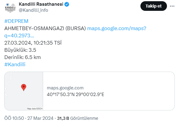 bursa deprem kandilli rasathanesi 27 mart 2024